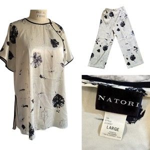 Natori Pajama Set Size L Satin Kimono Top Pants Black & White Floral